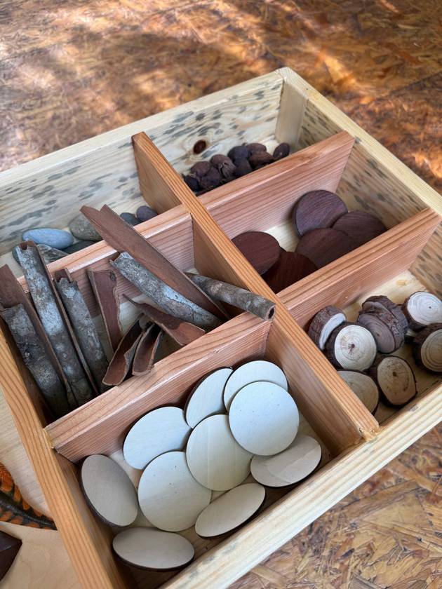Wooden box of natural loose parts: bark, stones, seed pods and wooden discs