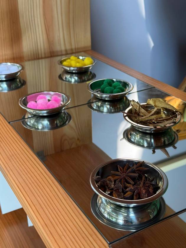 Steel bowls of pompoms, star anise and bark arranged on a mirrored shelf